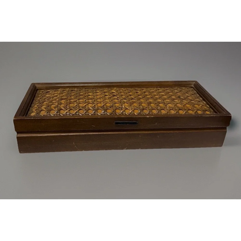 Vintage Wooden Jewelry Box With Wicker Lid